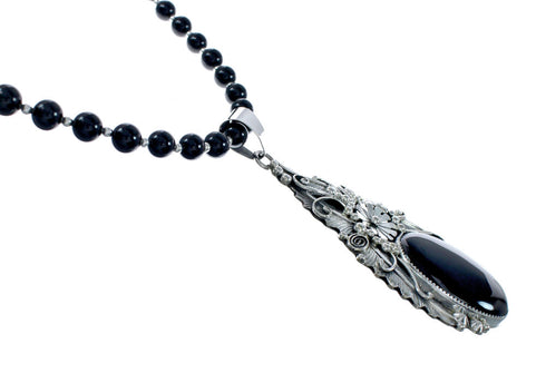Native American Onyx And Sterling Silver Pendant Bead Necklace JX130638